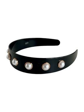 Black Glossy Headband Pearl Studs 1 3/8” Wide elegant statement hair accessory